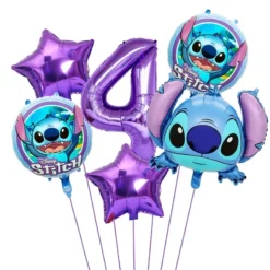 Set baloane aniversare 4 ani tematica Stitch cu cifra 4 mov si stele