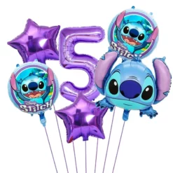 Set baloane aniversare 5 ani tematica Stitch cu cifra 5 mov si stele