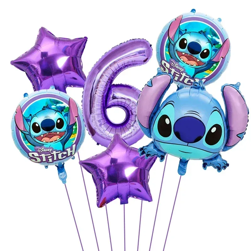 Set baloane aniversare 6 ani tematica Stitch cu cifra 6 mov si stele