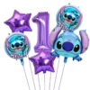 Set baloane aniversare 1 an tematica Stitch cu cifra 1 mov si stele