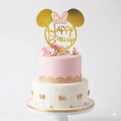 topper tort minnie mouse auriu acrilic cu fundiță roz text happy birthday pe fundal alb