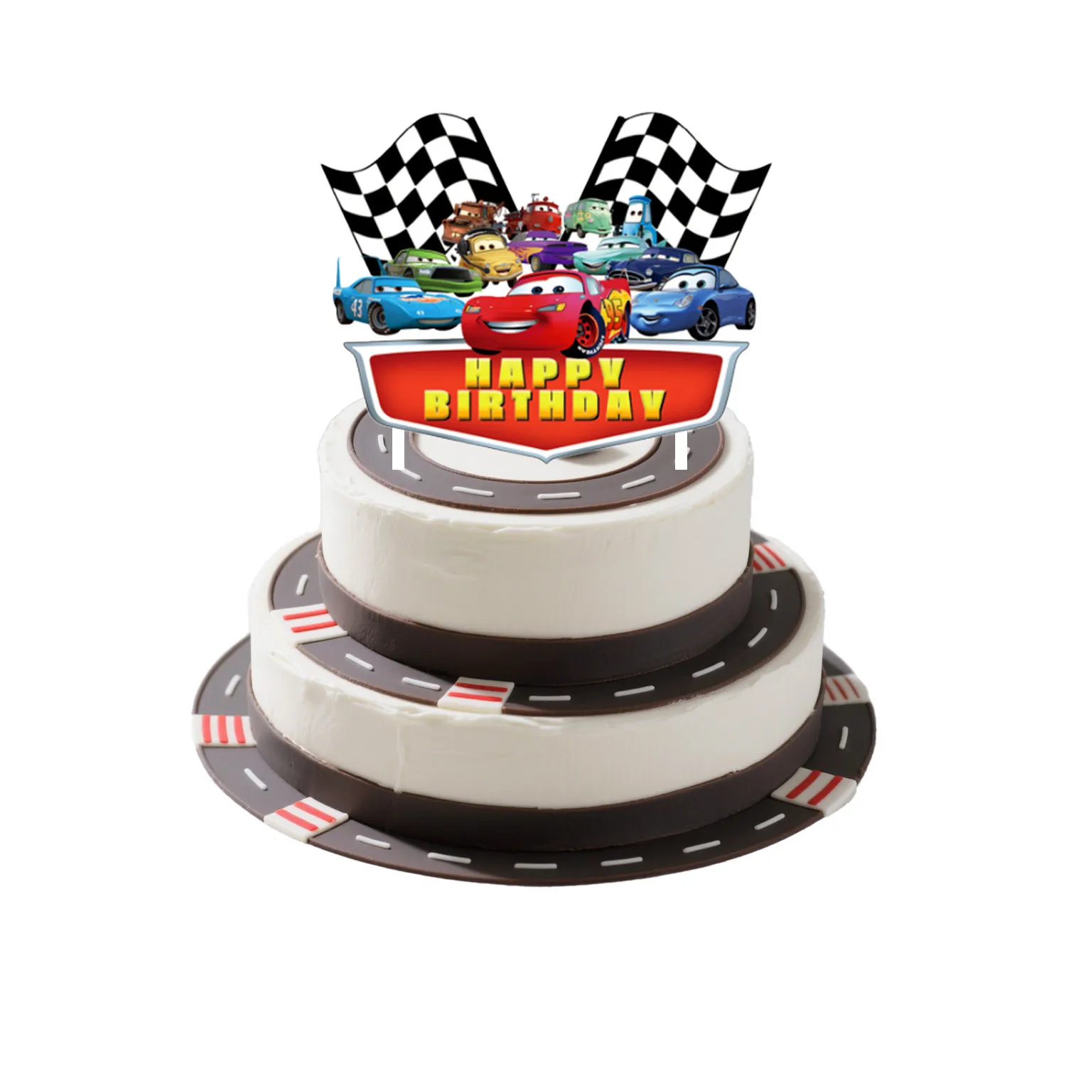 Topper de carton pentru tort cu personajele din Cars, doua steaguri de curse in carouri si mesajul Happy Birthday, asezat pe un tort alb cu etaje.