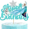 Topper din carton pentru tort cu Elsa și Olaf. Mesaj Happy Birthday turcoaz cu sclipici.