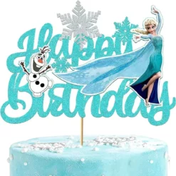 Topper din carton pentru tort cu Elsa și Olaf. Mesaj Happy Birthday turcoaz cu sclipici.