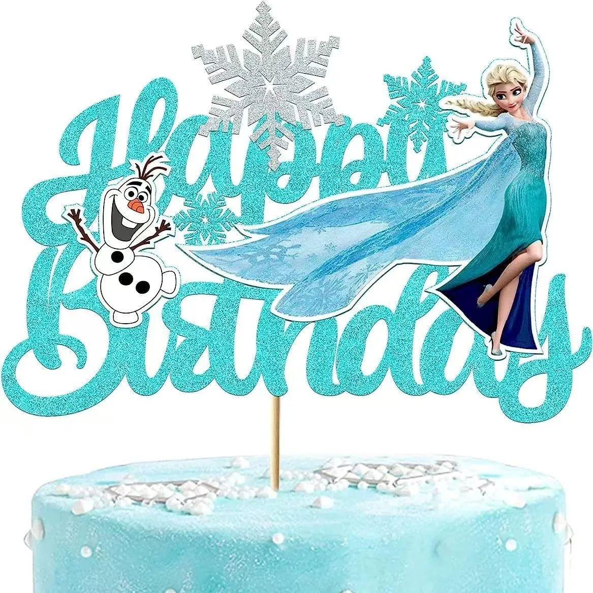 Topper din carton pentru tort cu Elsa și Olaf. Mesaj Happy Birthday turcoaz cu sclipici.