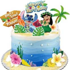 Topper Tort Lilo Și Stitch Tema Tropicală Cu Palmier Flori Hibiscus Și Mesaj Happy Birthday