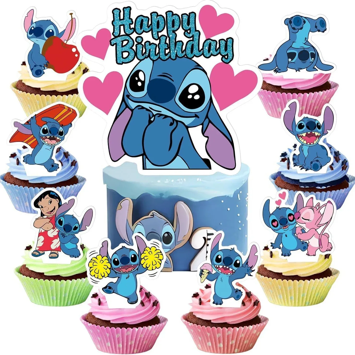 Set 9 Piese Topper Tort Lilo Stitch Happy Birthday Și Figurine Brioșe
