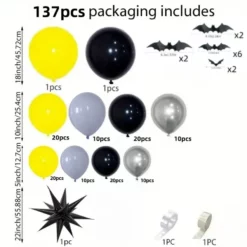 Continutul kitului de 137 piese pentru arcada de baloane cu lilieci si balon stea, sortat pe dimensiuni si culori.