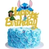 Topper Tort Happy Birthday Auriu Cu Sclipici Și Personajele Lilo Stitch Și Scrump
