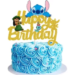 Topper Tort Happy Birthday Auriu Cu Sclipici Și Personajele Lilo Stitch Și Scrump