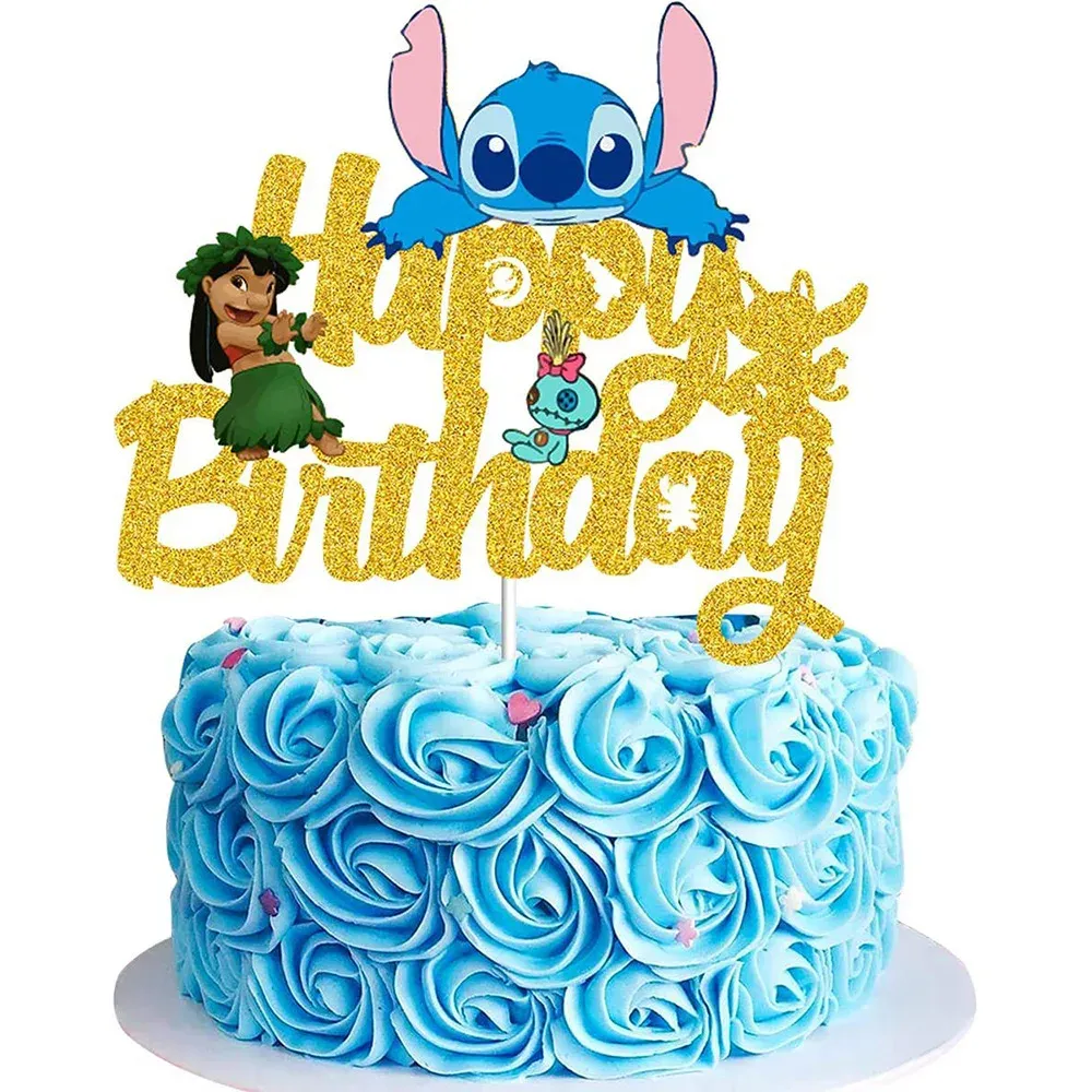 Topper Tort Happy Birthday Auriu Cu Sclipici Și Personajele Lilo Stitch Și Scrump