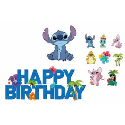 Set 9 Piese Topper Tort Lilo Stitch Happy Birthday Cu Personaje Flori Hibiscus Și Palmieri Tropicali