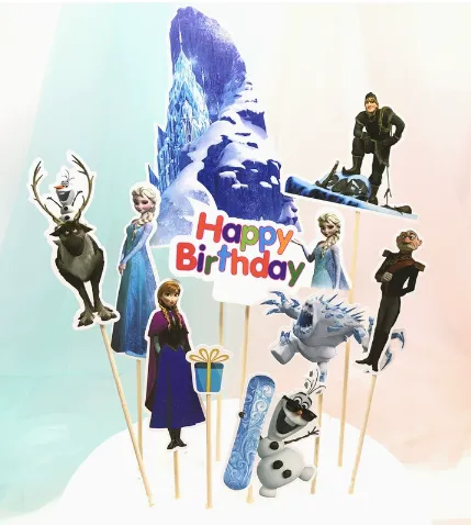 Set de zece piese decorative pentru tort cu personajele Elsa, Anna si Olaf din Regatul Inghetat.
