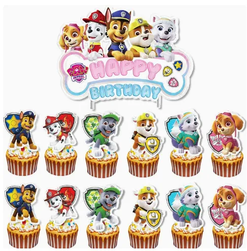 Set decoratiuni tort Paw Patrol cu 13 piese incluzand piesa centrala Happy Birthday si figurine cu salvatori.