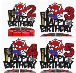 Topper pentru tort aniversar cu cifra 5 rosie, personajul Spiderman si silueta unui oras.