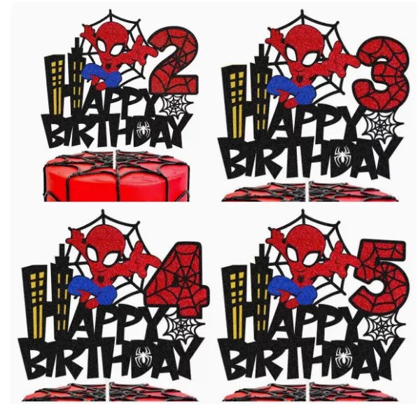 Topper pentru tort aniversar cu cifra 2, personajul Spiderman si mesajul Happy Birthday in culori vii de rosu si negru.
