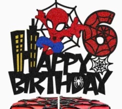 Topper pentru tort aniversar cu cifra 6 rosie, personajul Spiderman si design cu sclipici.