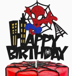 Topper pentru tort Spiderman Happy Birthday cu sclipici, panza de paianjen si silueta unui oras.