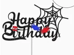 Topper pentru tort Happy Birthday cu panza de paianjen, masca Spiderman si finisaj negru cu sclipici.