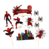 Set de 10 decoratiuni tip decor tort supereroi cu Spiderman, panze de paianjen, silueta unui oras si puncte adezive.