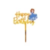 Topper pentru tort realizat din acrilic auriu oglinda cu personajul Printesa Sofia si mesajul Happy Birthday.