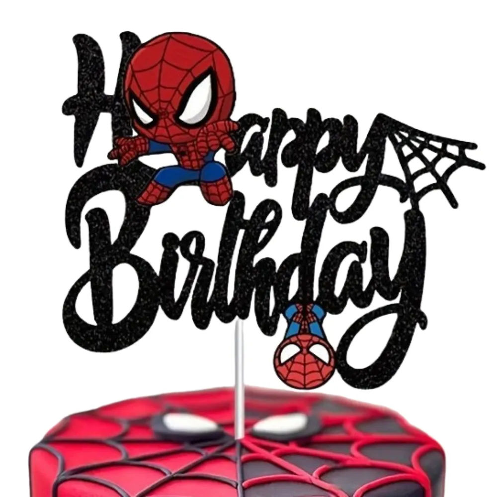 Topper pentru tort cu sclipici negru reprezentand mesajul Happy Birthday si elemente tematice Spiderman pozitionat in partea de sus.