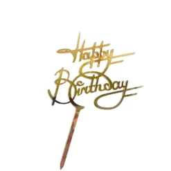 Topper Tort Happy Birthday Auriu Oglinda Cu Scris Elegant Din Acrilic Pe Fundal Alb