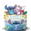 Topper Tort Stitch Si Angel Happy Birthday Cu Flori Tropicale Și Aspect De Lemn