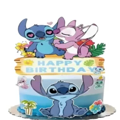 Topper Tort Stitch Si Angel Happy Birthday Cu Flori Tropicale Și Aspect De Lemn