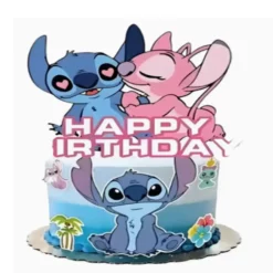 Topper tort aniversar cu personajele Stitch și Angel îmbrățișați și mesaj Happy Birthday roz