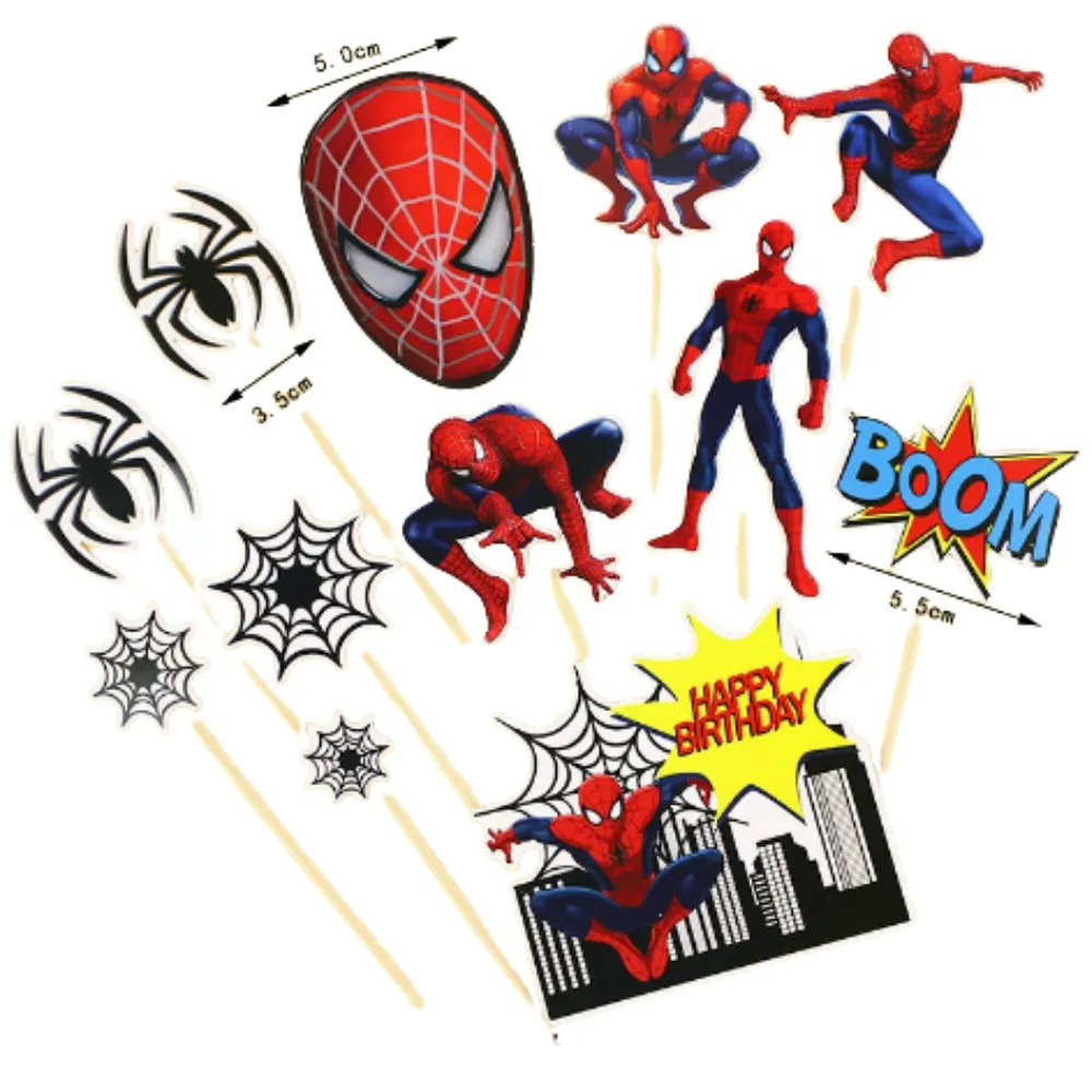 Set de 12 decoratiuni tip topper tort Spiderman cu figurine, masca, panze de paianjen si puncte adezive pentru montaj.