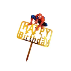 Topper de tort realizat din acrilic auriu oglinda cu personajul Spiderman si mesajul Happy Birthday.
