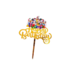 Topper pentru tort realizat din acrilic auriu oglinda cu personajele Mickey Mouse, Minnie, Donald si prietenii lor, alaturi de mesajul Happy Birthday.