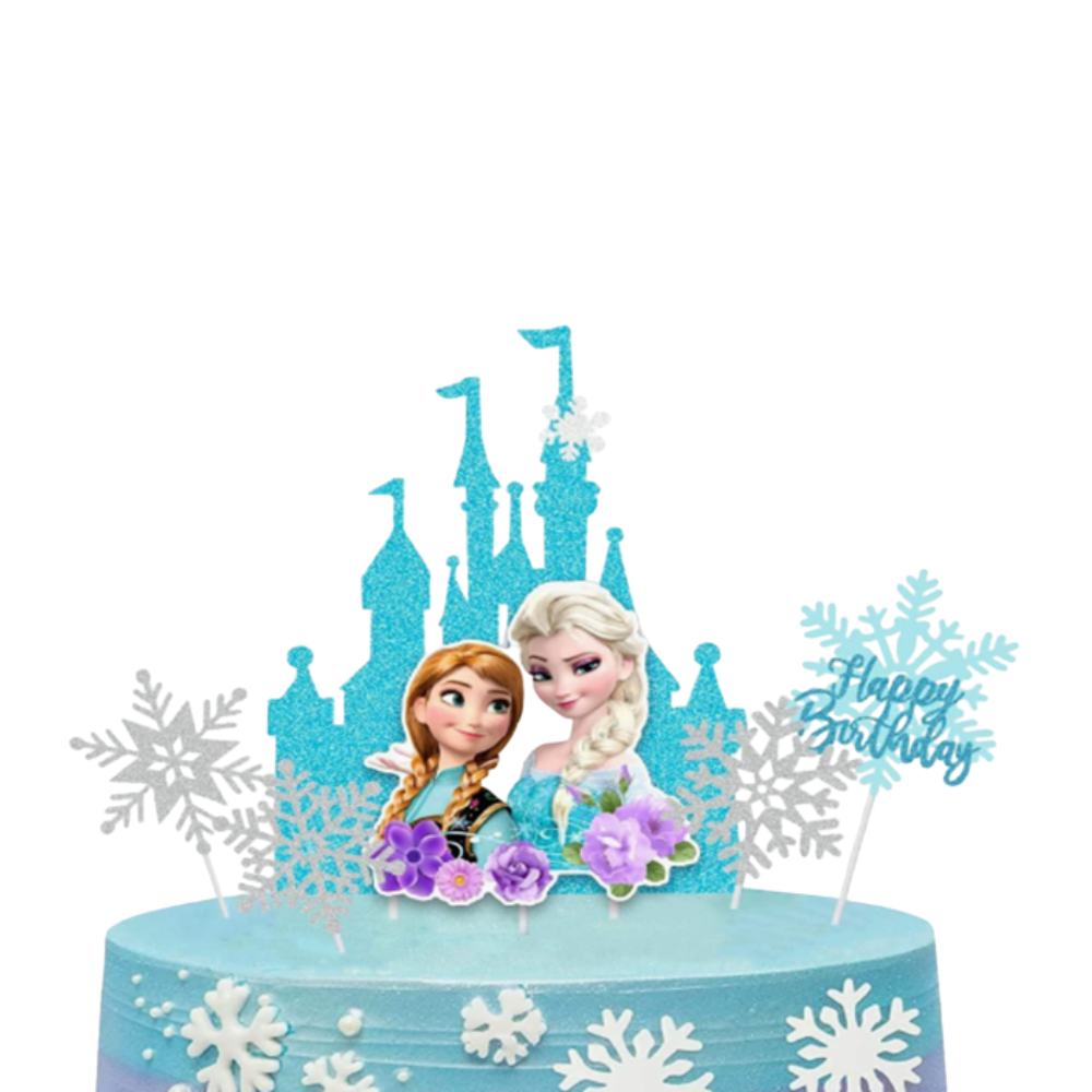 Set 6 piese topper tort cu Elsa și Anna și castel albastru sclipitor