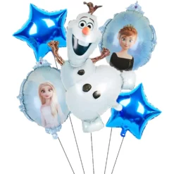 Set 5 baloane din folie tematica Frozen cu Olaf Elsa Anna si stele albastre