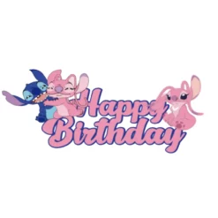 Topper Tort Happy Birthday Roz Cu Personajele Stitch Și Angel Îmbrățișați