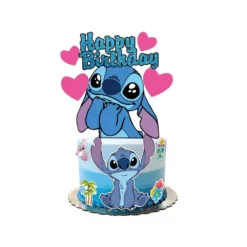 Topper Tort Stitch Happy Birthday Albastru Glitter Cu 4 Inimioare Roz Și Dimensiuni 15cm X 14.74cm
