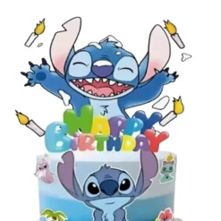 Topper Tort Happy Birthday Cu Personajul Stitch Entuziasmat Și Mesaj Colorat