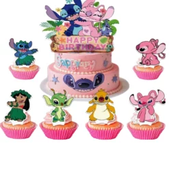 Set decorativ pentru tort și brioșe cu personajele Stitch și Angel în stil Hawaiian cu mesaj Happy Birthday