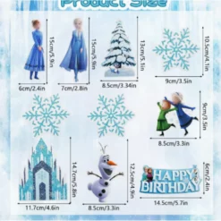 Set complet 10 piese topper tort cu Elsa Anna Olaf castel și fulgi de zăpadă cu dimensiuni specifice