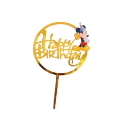 Topper rotund pentru tort realizat din acrilic auriu oglinda cu Mickey Mouse si mesajul Happy Birthday.