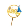 Topper rotund pentru tort realizat din acrilic auriu oglinda cu Elsa, Olaf si mesajul Happy Birthday.