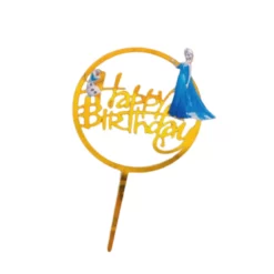Topper rotund pentru tort realizat din acrilic auriu oglinda cu Elsa, Olaf si mesajul Happy Birthday.