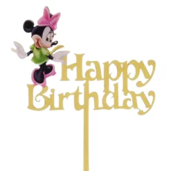 Topper pentru tort realizat din acrilic auriu oglinda cu personajul Minnie Mouse si mesajul Happy Birthday decupat elegant.