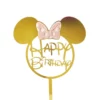 topper tort minnie mouse auriu acrilic cu fundiță roz text happy birthday pe fundal alb arătând dimensiunile 10x8.8 cm.