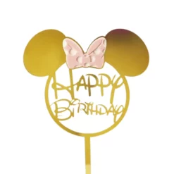 topper tort minnie mouse auriu acrilic cu fundiță roz text happy birthday pe fundal alb arătând dimensiunile 10x8.8 cm.