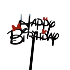 Topper Tort Minnie Mouse Negru Cu Scris Happy Birthday Și Fundițe Roșii