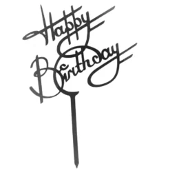 Topper Tort Happy Birthday Negru Cu Scris Elegant Lățime 11 cm Pe Fundal Alb