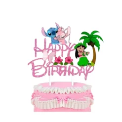 Topper Tort Stitch Si Angel Roz Glitter Happy Birthday Tema Tropicala