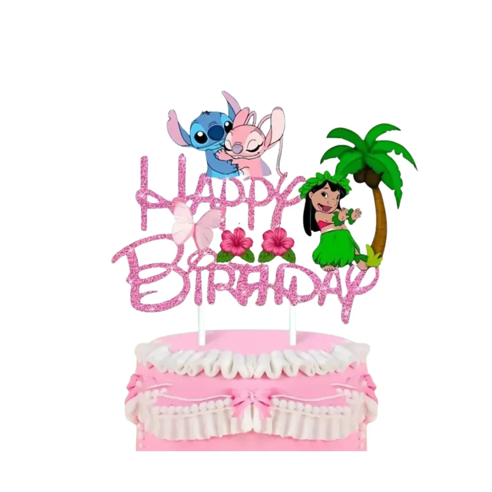 Topper Tort Stitch Si Angel Roz Glitter Happy Birthday Tema Tropicala